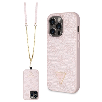 iPhone 15 Pro Max Guess 4G Strass Triangle Metal Logo Case with Crossbody Strap - Pink
