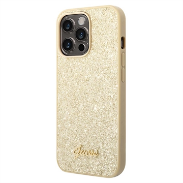 Guess Glitter Flakes Metal Logo iPhone 14 Pro Hybrid Case - Gold