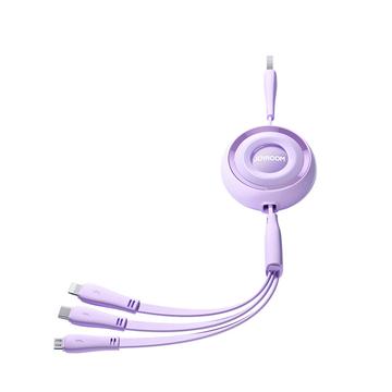 Joyroom S-A40 Colorful 3-in-1 Mini Retractable USB-A to USB-C/Lightning/MicroUSB Cable - 1m - Purple