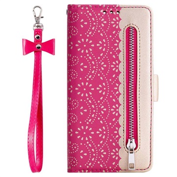 Lace Pattern Samsung Galaxy A50 Wallet Case - Hot Pink
