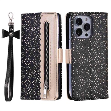 Lace Pattern iPhone 14 Pro Max Wallet Case - Black