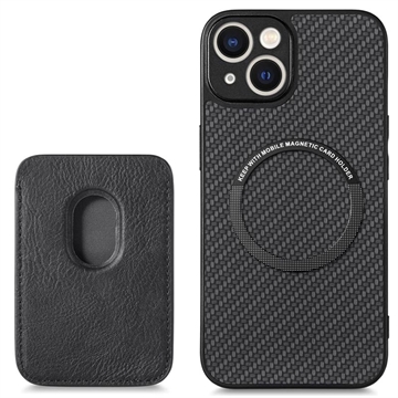 iPhone 14 Magnetic Case with Card Holder - Carbon Fiber - Black
