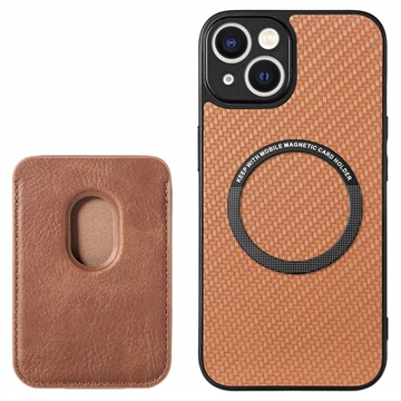 iPhone 15 Magnetic Case with Card Holder - Carbon Fiber - Brown