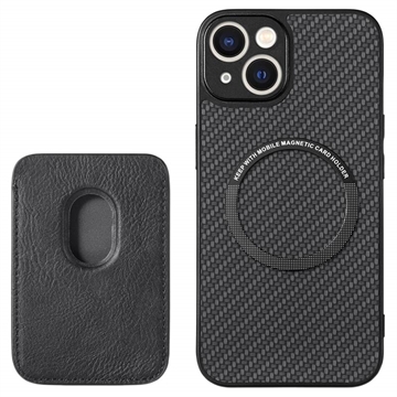 iPhone 15 Plus Magnetic Case with Card Holder - Carbon Fiber - Black