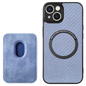 iPhone 15 Plus Magnetic Case with Card Holder - Carbon Fiber - Blue