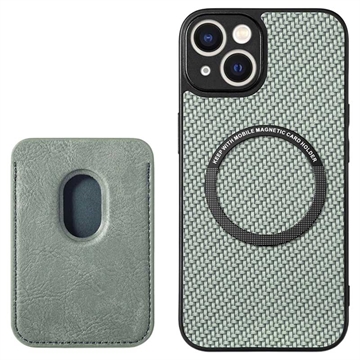 iPhone 15 Plus Magnetic Case with Card Holder - Carbon Fiber - Green