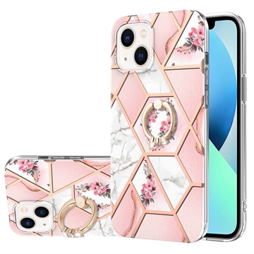 iPhone 15 Marble Pattern IMD TPU Case with Ring Holder - Pink / White