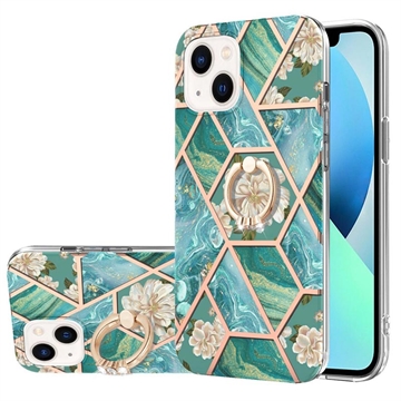 iPhone 15 Plus Marble Pattern IMD TPU Case with Ring Holder - Green