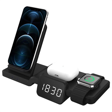Multifunctional Wireless Charging Station with Clock C100 (Open-Box Satisfactory) - Black