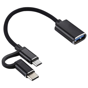 Nylon Braided USB 3.0 to USB-C / MicroUSB OTG Cable Adapter - Black