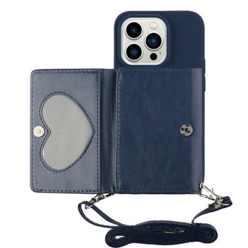 Heart Series iPhone 14 Pro Case with Wallet & Strap - Dark Blue