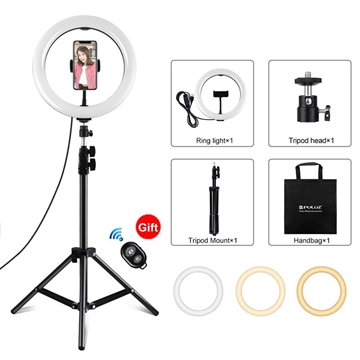 PULUZ PKT3069B 1.1m Tripod Mount + 10.2 26cm Dimmable Dual Color Temperature USB LED Ring Lights Selfie Photography Video Fill Light with Phone Clamp & Selfie Remote Control