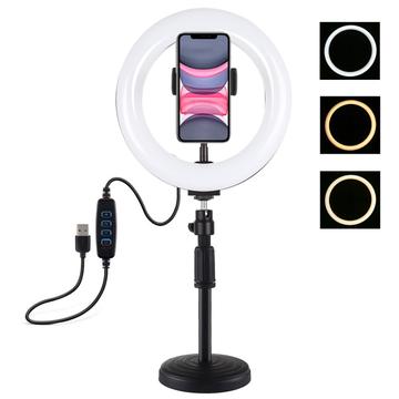 PULUZ PKT3078B 7.9 20cm USB Dimmable Dual Color Temperature LED Ring Light with Phone Clamp + Round Base Desktop Mount