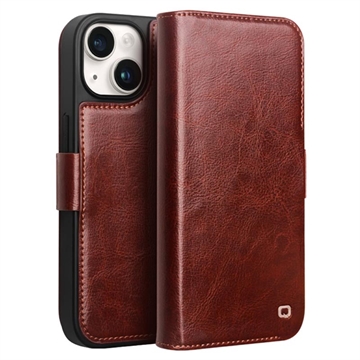 iPhone 15 Qialino Classic Wallet Leather Case - Dark Brown