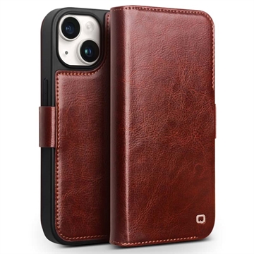 iPhone 15 Plus Qialino Classic Wallet Leather Case - Dark Brown