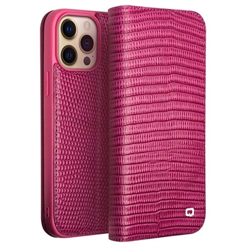 Qialino iPhone 14 Pro Wallet Leather Case - Crocodile - Hot Pink