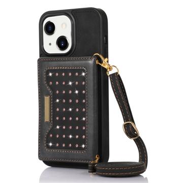 Rhinestone Decor iPhone 14 Plus Case with Wallet - Black