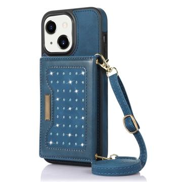 Rhinestone Decor iPhone 14 Plus Case with Wallet - Blue
