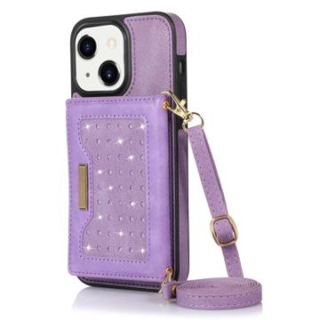 Rhinestone Decor iPhone 14 Plus Case with Wallet - Purple