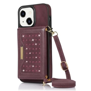 Rhinestone Decor iPhone 14 Plus Case with Wallet - Wine Red