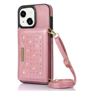 Rhinestone Decor iPhone 14 Plus Case with Wallet - Rose Gold