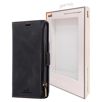Saii Zipper iPhone 13 Mini Wallet Case with Strap - Black