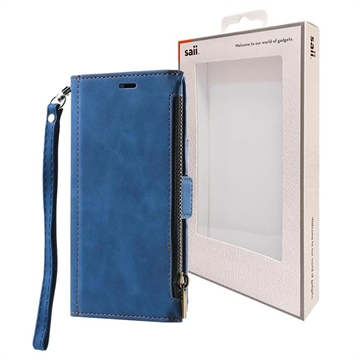 iPhone 15 Pro Max Saii Zipper Wallet Case with Strap - Blue
