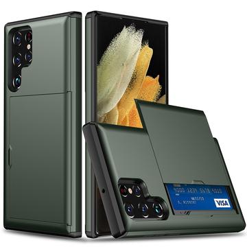 Samsung Galaxy S22 Ultra 5G Hybrid Case with Sliding Card Slot - Army Green