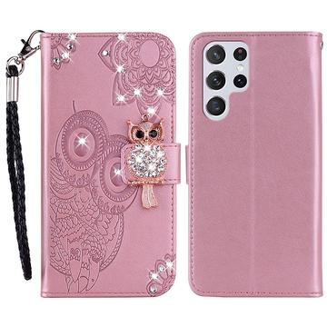 Samsung Galaxy S24 Ultra Owl Rhinestone Wallet Case - Rose Gold
