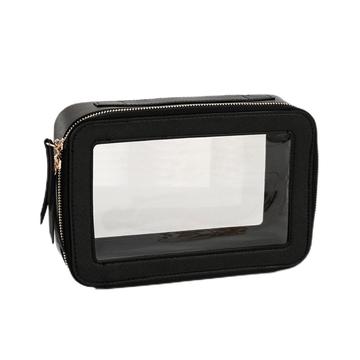 Single Layer Transparent Makeup Bag Waterproof PU Leather Cosmetic Bag - Black