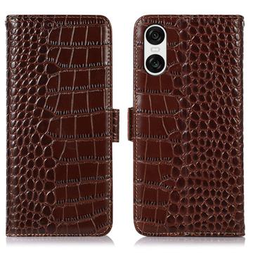 Sony Xperia 10 VI Crocodile Series Wallet Leather Case with RFID - Brown