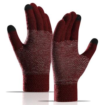 WM 1 Pair Unisex Knitted Warm Gloves Touch Screen Stretchy Mittens Knit Lining Gloves - Wine Red