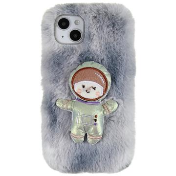 3D Plush Furry Winter iPhone 14 Plus TPU Case - Grey Spaceman