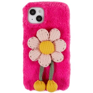 3D Plush Furry Winter iPhone 14 Plus TPU Case - Hot Pink Flower