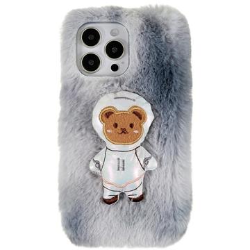3D Plush Furry Winter iPhone 14 Pro Max TPU Case - Grey Bear