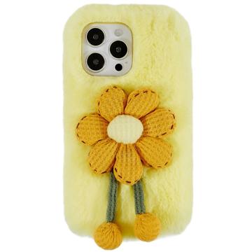 3D Plush Furry Winter iPhone 14 Pro TPU Case - Yellow Flower