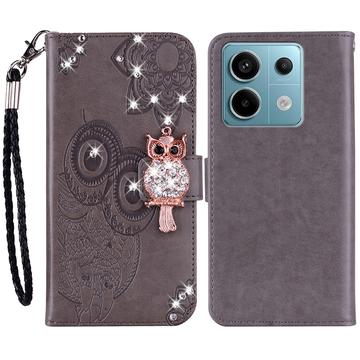 Xiaomi Redmi Note 13 4G Owl Rhinestone Wallet Case - Grey