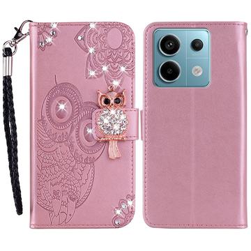 Xiaomi Redmi Note 13 4G Owl Rhinestone Wallet Case - Rose Gold