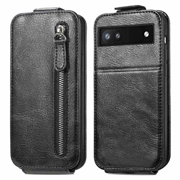 Zipper Pocket Google Pixel 6a Vertical Flip Case - Black