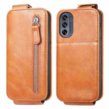 Zipper Pocket Motorola Moto G62 5G Vertical Flip Case - Brown