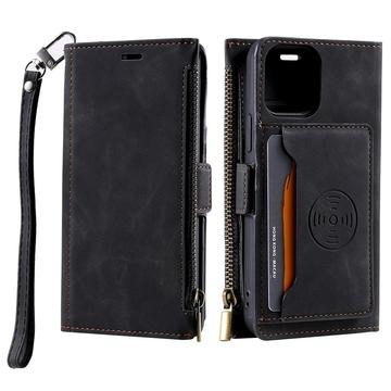 iPhone 14 Pro Max Saii Zipper Wallet Case with Strap - Black