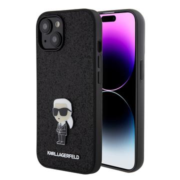 iPhone 15 Karl Lagerfeld Fixed Glitter Metal Ikonik Case - Black