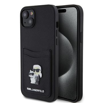iPhone 15 Karl Lagerfeld Saffiano Card Slot Metal Karl & Choupette Case - Black