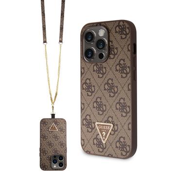 iPhone 15 Pro Guess 4G Strass Triangle Metal Logo Case with Crossbody Strap - Brown