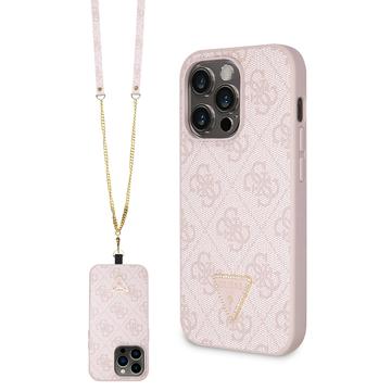 iPhone 15 Pro Guess 4G Strass Triangle Metal Logo Case with Crossbody Strap - Pink