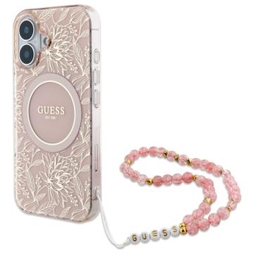 iPhone 16 Plus Guess IML Flowers Allover Electro Case with Pearl Strap - MagSafe Compatible - Pink