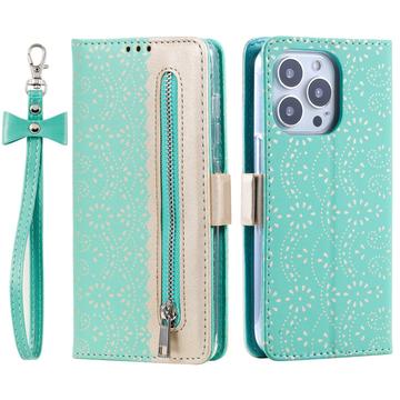 iPhone 16 Pro Lace Pattern Wallet Case - Mint Green