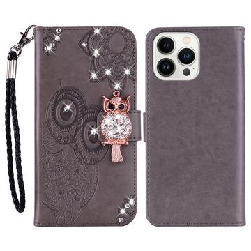 iPhone 16 Pro Owl Rhinestone Wallet Case - Grey