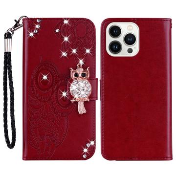 iPhone 16 Pro Owl Rhinestone Wallet Case - Red