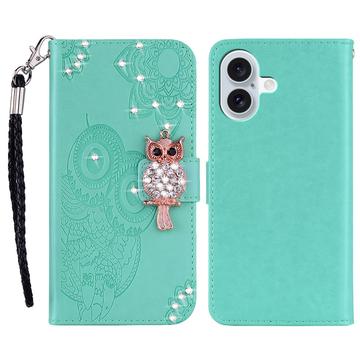 iPhone 17 Owl Rhinestone Wallet Case - Cyan